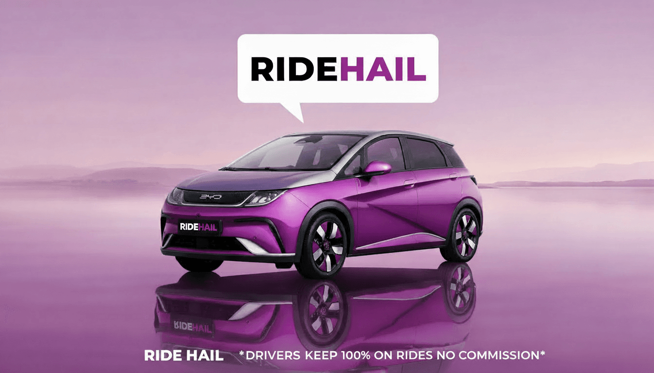 RideHail-branded electric vehicle, purple livery, front three-quarter view